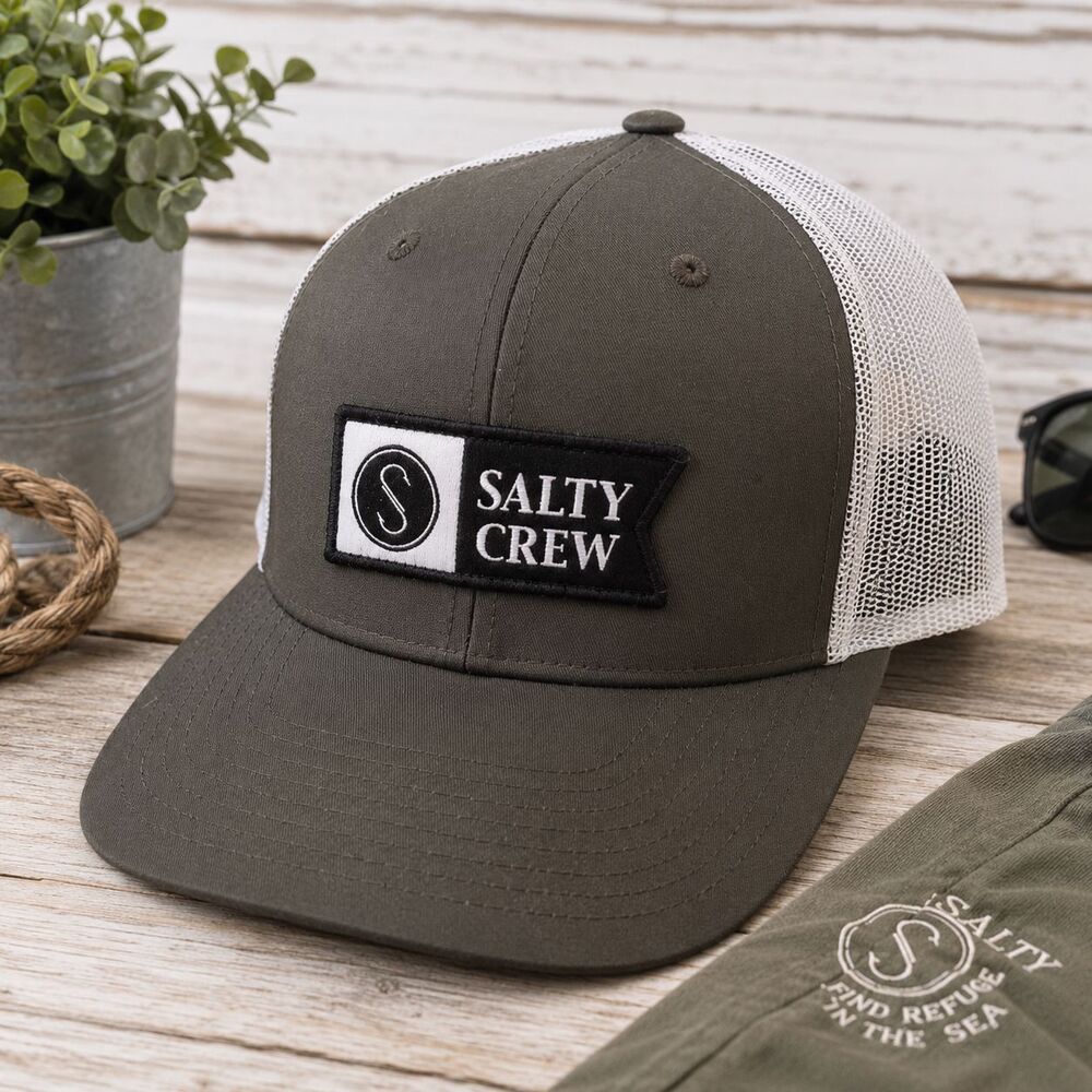 Salty Crew Pinnacle Retro Trucker Hat Army Green Mesh Snapback Adjustable Logo